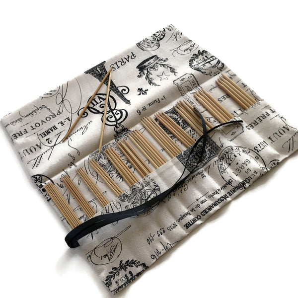 Double Point Needle Roll Up 12 Pockets Black French Icon Fabric