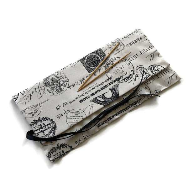 Double Point Needle Roll Up 12 Pockets Black French Icon Fabric