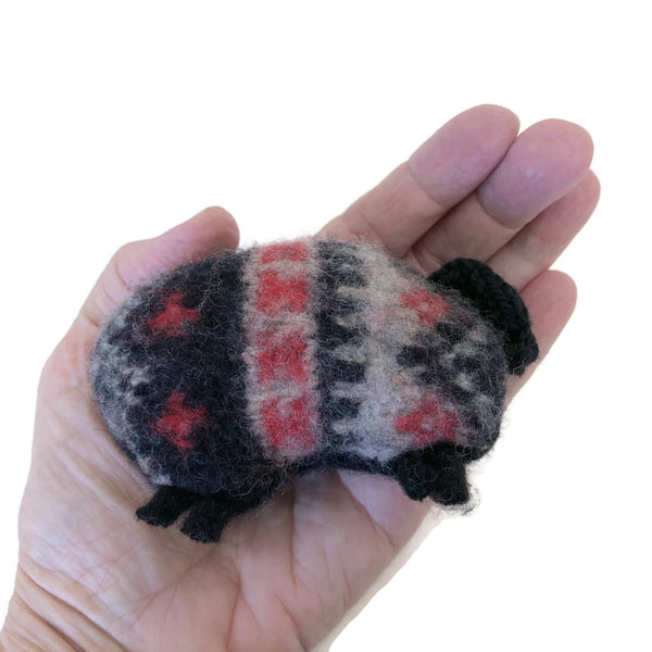 Felted Sheep Hand Warmers Black and Red Fair Isle