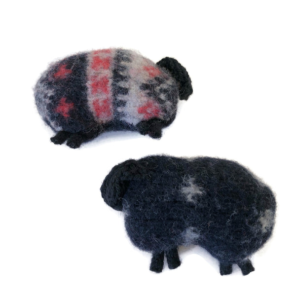 Felted Sheep Hand Warmers Black and Red Fair Isle