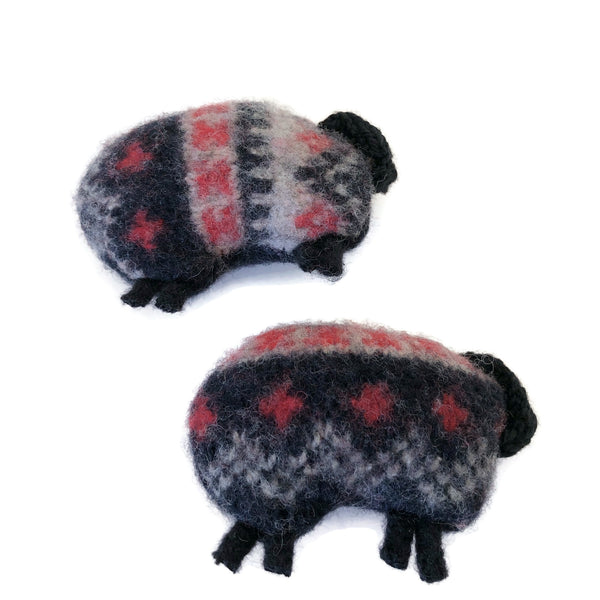 Felted Sheep Hand Warmers Black and Red Fair Isle