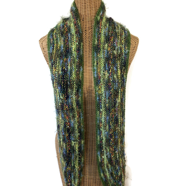 Hand Knit Scarf Green Wool and Mohair