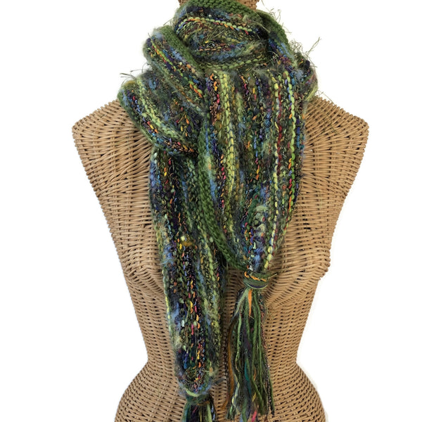 Hand Knit Scarf Green Wool and Mohair