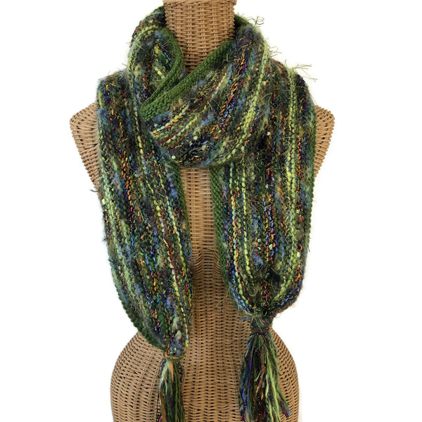 Hand Knit Scarf Green Wool and Mohair