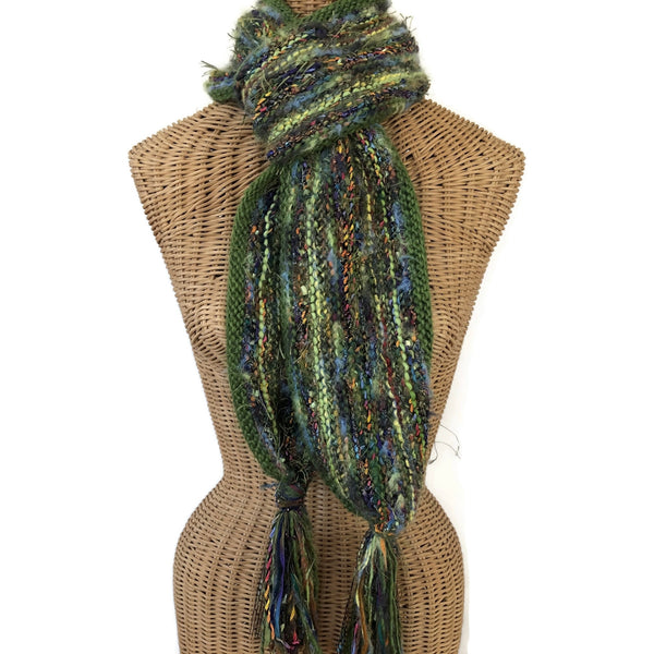 Hand Knit Scarf Green Wool and Mohair