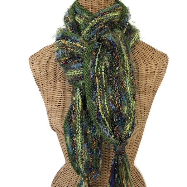 Hand Knit Scarf Green Wool and Mohair