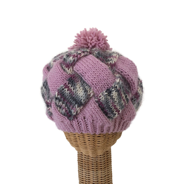 Entrelac Hat Pink and Gray Wool Mohair