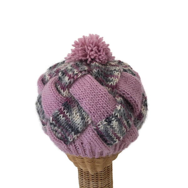 Entrelac Hat Pink and Gray Wool Mohair