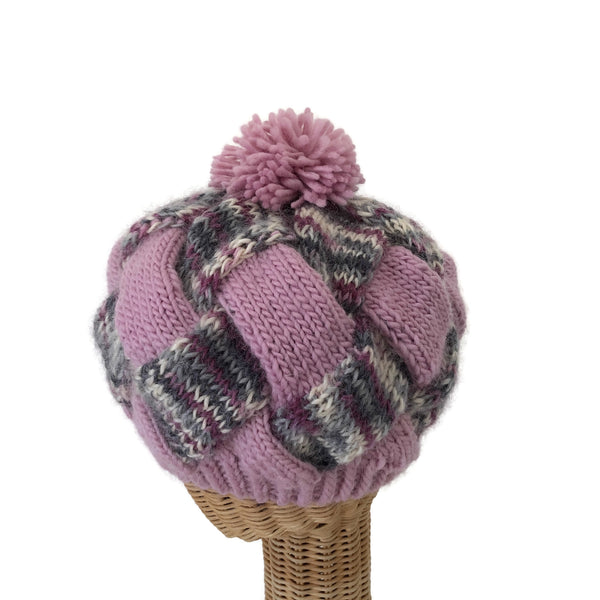 Entrelac Hat Pink and Gray Wool Mohair