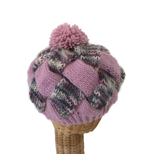 Entrelac Hat Pink and Gray Wool Mohair