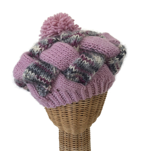 Entrelac Hat Pink and Gray Wool Mohair