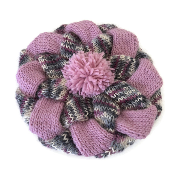 Entrelac Hat Pink and Gray Wool Mohair