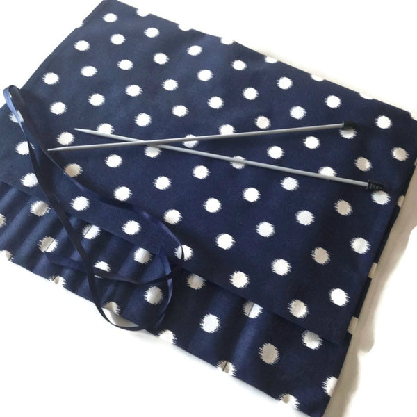 15 Pocket Straight  Needle Roll Up Case Navy w/Dots