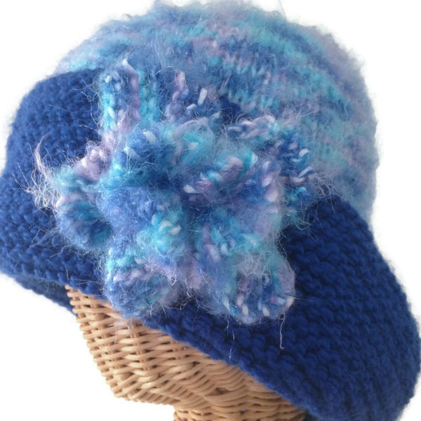 Cloche Flower Hat Wide Brim Blue